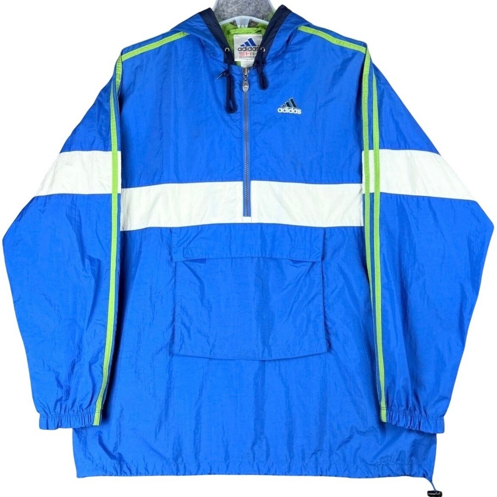Vtg Adidas Windbreaker Mens XL Blue White Colorblock Anorak 1/4 Zip Hooded Retro